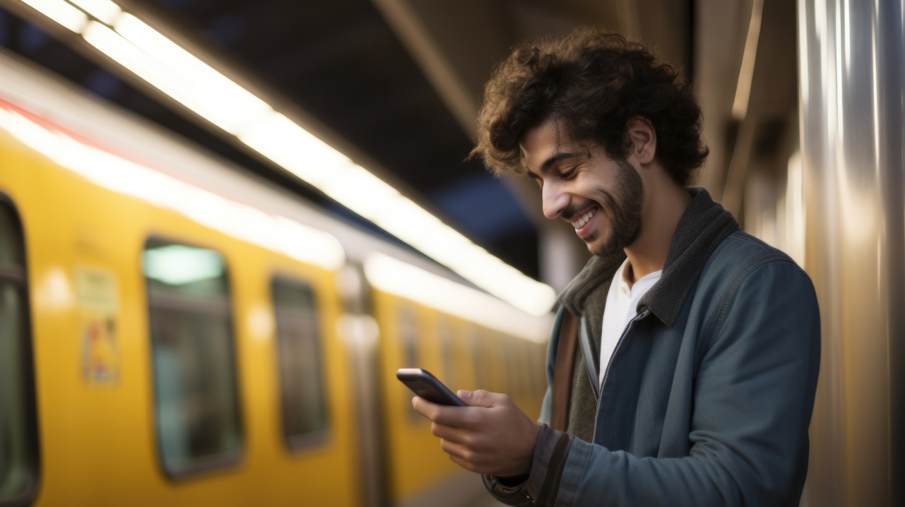 Homem sorrindo enquanto usa o aplicativo Amy para terapia com IA durante seu trajeto no metrô