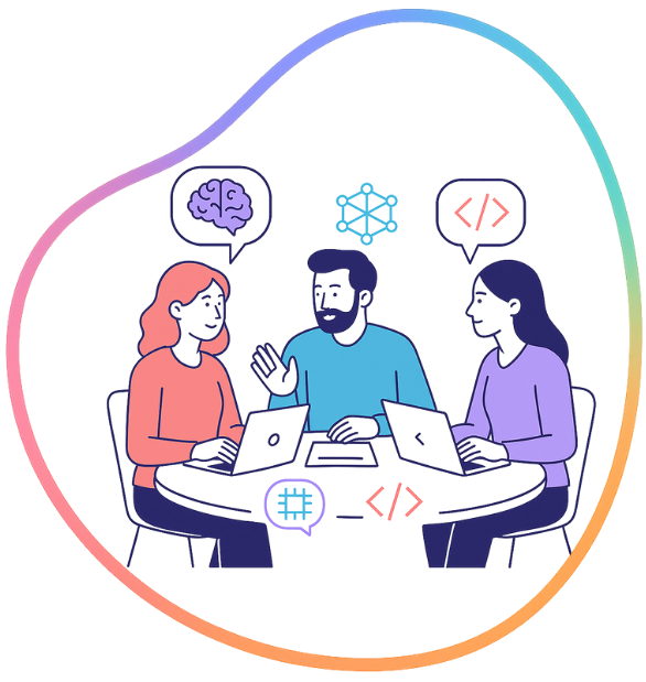 Equipe multidisciplinar da Amy com especialistas em psicologia, IA e desenvolvimento trabalhando juntos