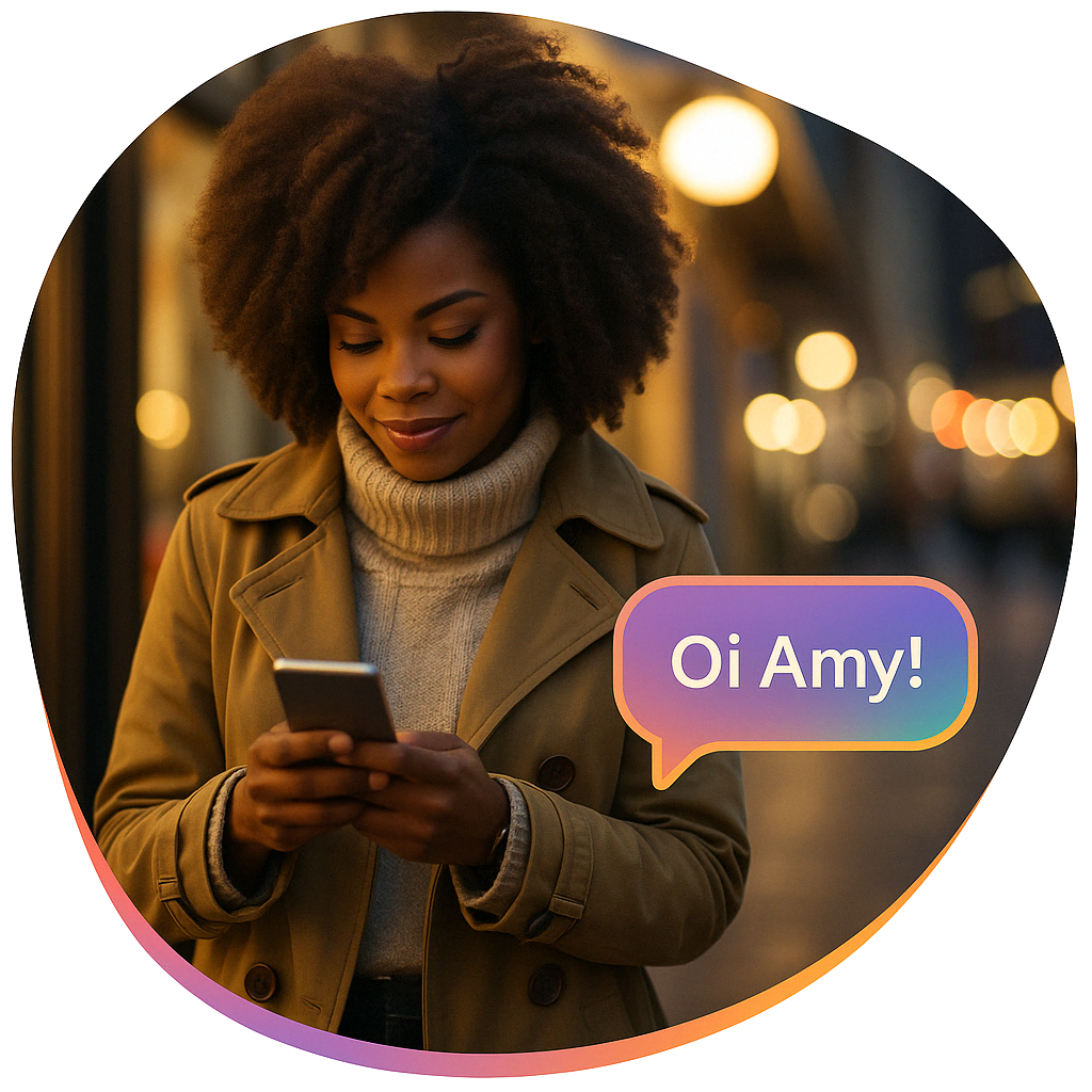 Mulher jovem sorrindo enquanto usa o aplicativo Amy para cuidar da sua saúde mental em seu smartphone